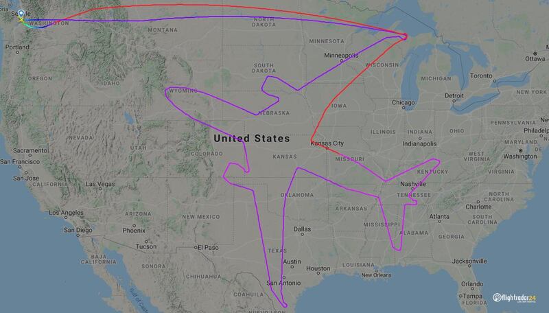 A Boeing flight, on a round-trip from Seattle Boeing Field, drew the outline of a Boeing 787-8 Dreamliner on August 3, 2017. Courtesy FlightRadar24
