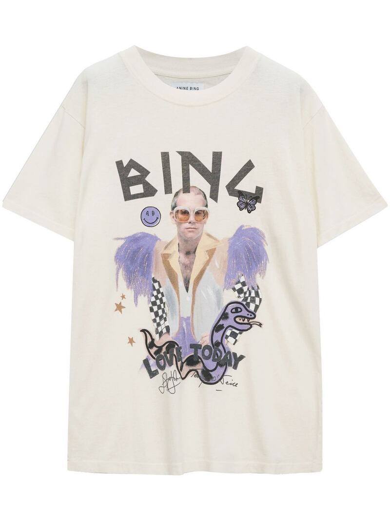Graphic T-shirts: Elton John tee, Dh434, Anine Bing, at Farfetch