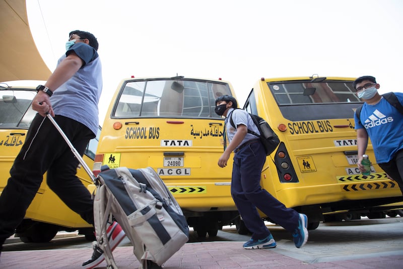 Pupils arriving on the first day of in-person learning at the Indian High School in Oud Metha, Dubai.