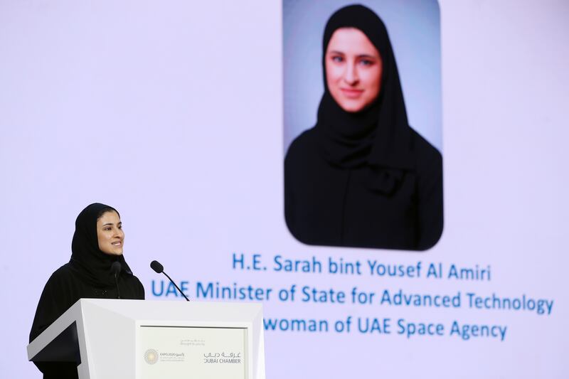 Sarah Al Amiri, Minister of State for Advanced Technology and chairwoman of the UAE Space Agency, speaks at the Space Business Forum at Expo 2020 Dubai. Chris Whiteoak / The National