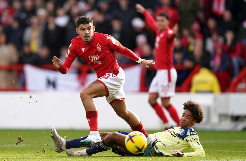 Nottingham Forest's Morgan Gibbs-White and Leeds United's Tyler Adams battle. PA