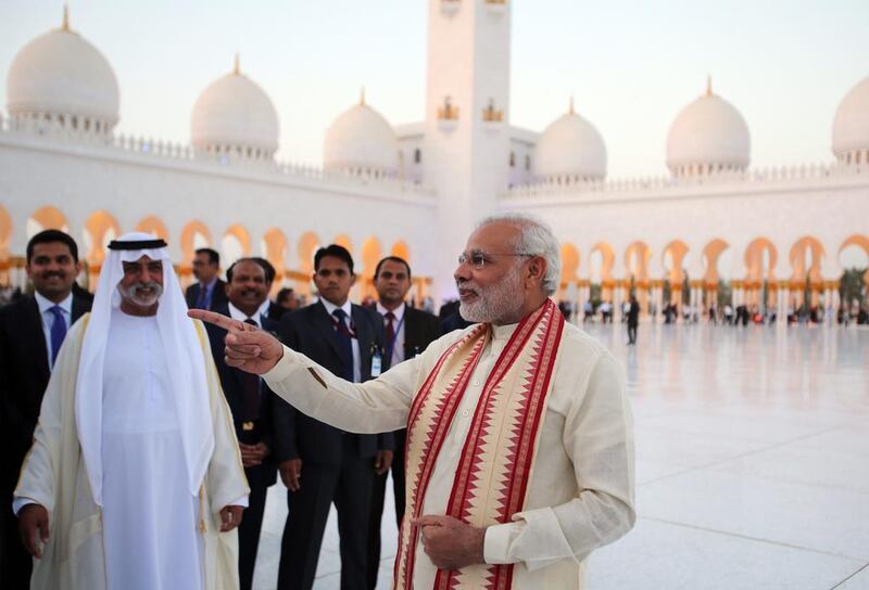 The Indian Prime Minister visits the Sheikh Zayed Grand Mosque with Sheikh Nahyan bin Mubarak. Kamran Jebreili / AP Photo