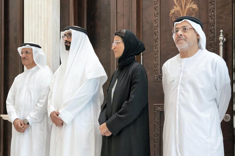 ABU DHABI, UNITED ARAB EMIRATES - May 20, 2019: (L-R) HE Sultan bin Saeed Al Mansouri, UAE Minister of Economy, HE Mohamed Ahmad Al Bowardi, UAE Minister of State for Defence Affairs, HE Noura Mohamed Al Kaabi, UAE Minister of Culture and Knowledge Development and  HE Hussain Al Nowais, Chairman of the Khalifa Fund to Support and Develop Small & Medium Enterprises, attend an MOU signing, at Al Bateen Palace.

( Mohamed Al Hammadi / Ministry of Presidential Affairs )
---