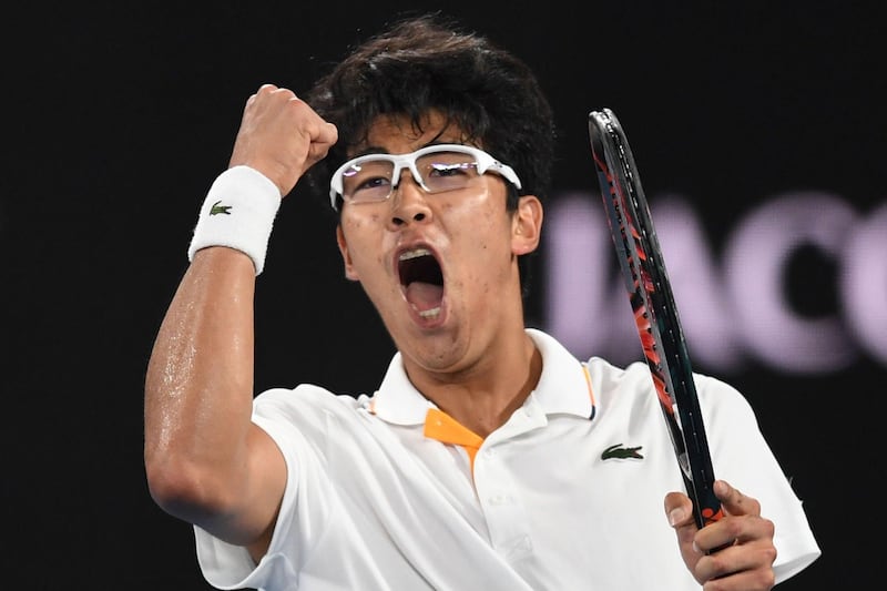 epa06464508 Hyeon Chung of of South Korea celebrates his win against Novak Djokovic of Serbia during round four on day eight of the Australian Open tennis tournament, in Melbourne, Victoria, Australia, 22 January 2018.  EPA/LUKAS COCH AUSTRALIA AND NEW ZEALAND OUT