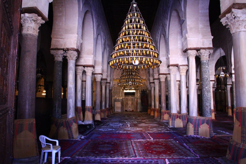 The interior area of Kairouan Grand Mosque where worshippers gather to perform their prayers
