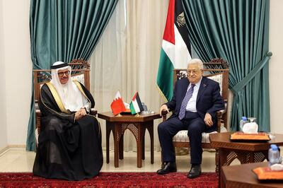 Palestinian President Mahmoud Abbas with Bahrain's Foreign Minister Abdullatif Al Zayani in Ramallah in April. Wafa