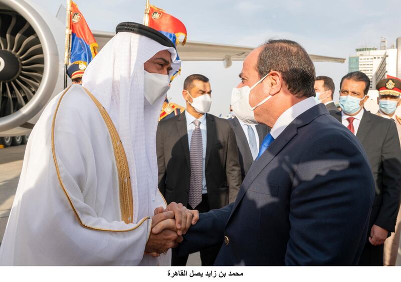 Sheikh Mohamed bin Zayed is received by Egyptian President Abdel Fattah El Sisi at Cairo International Airport on Saturday. Courtesy: Ministry of Presidential Affairs