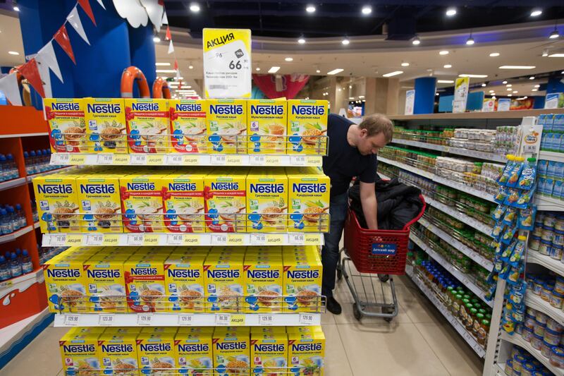 Food manufactured by Nestle sits on display inside the Detsky Mir children’s goods store on Vozdvizhenka St, Moscow. Bloomberg