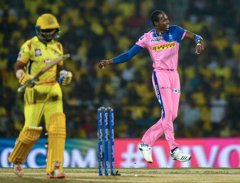 Rajasthan Royals cricketer Jofra Archer (R) celebrates a wicket of Chennai Super King's Ambati Rayudu during the 2019 Indian Premier League (IPL) Twenty20 cricket match between Chennai Super Kings and Rajasthan Royals at the M. A. Chidambaram Stadium in Chennai on March 31, 2019 (Photo by ARUN SANKAR / AFP) / ----IMAGE RESTRICTED TO EDITORIAL USE - STRICTLY NO COMMERCIAL USE-----
