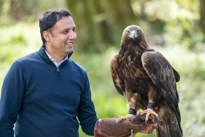Scottish Labour Party leader Anas Sarwar with a golden eagle. The National