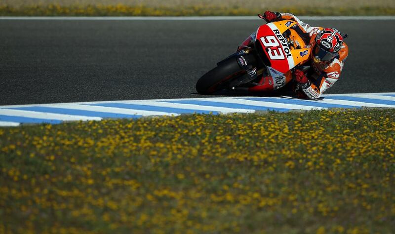 MotoGP points leader Marc Marquez of Spain leans his Honda through a curve on the way to grabbing the pole on Saturday for Sunday's Spanish Grand Prix at Jerez.  rMarcelo del Pozo / Reuters

