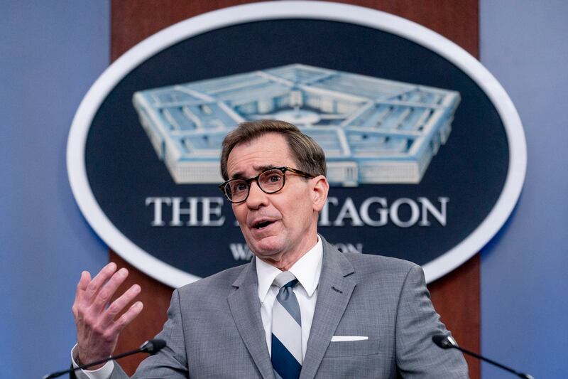 Pentagon spokesman John Kirby speaks during a briefing at the Pentagon in Washington. AP