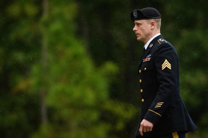 Sgt. Bowe Bergdahl returns to the Fort Bragg courthouse after a lunch break on Monday, Oct. 16, 2017, on Fort Bragg, N.C. Bergdahl, who walked off his base in Afghanistan in 2009 and was held by the Taliban for five years, is charged with desertion and misbehavior before the enemy. (Andrew Craft/The Fayetteville Observer via AP)