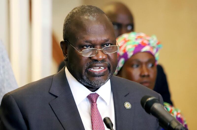 South Sudan's Vice President Riek Machar addresses a news conference, as the first case of coronavirus disease (COVID-19) has been confirmed in the country, in Juba, South Sudan April 5, 2020. REUTERS/Samir Bol