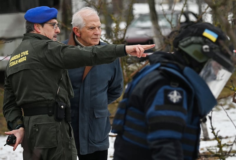 The EU's foreign policy chief Josep Borrell by an exercise of the Ukrainian Police outside Kyiv. AFP