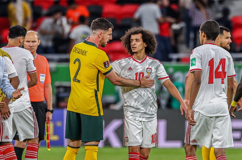 Omar Abdulrahman (Hamad 88’) – NA. Found the ball in space three times despite only having a tiny amount of time to make a difference, but each time his passes were painfully errant; Sebastian Tagliabue (Candeo 88’) – NA. Won a flick on as UAE chased the game in the dying moments, but that was the extent of it; Majed Hassan (Salmeen 88’) – NA. Looked fresher than anyone, but had minimal chance to make an impression as part of the late treble substitution. AFP
