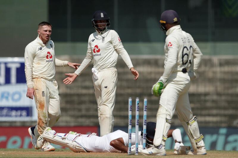 Dom Bess of England appealing for wicket during day three of the first test match between India and England held at the Chidambaram Stadium stadium in Chennai, Tamil Nadu, India on the 7th February 2021

Photo by Saikat Das/ Sportzpics for BCCI