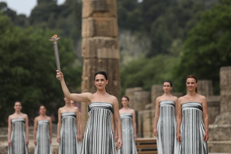 The ceremony was held at the Ancient Olympia archeological site, birthplace of the ancient Olympics in Olympia, Greece. EPA