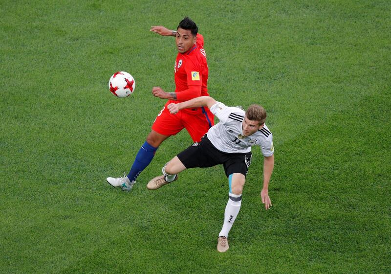 Soccer Football - Chile v Germany - FIFA Confederations Cup Russia 2017 - Final - Saint Petersburg Stadium, St. Petersburg, Russia - July 2, 2017   Chile’s Gonzalo Jara in action with Germany’s Timo Werner    REUTERS/Maxim Shemetov