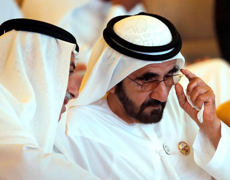 UAE Prime Minister Sheikh Mohammad bin Rashed listens to Ibrahim Al-Assaf, Saudi Arabia State Minister, as they attend the opening of the Future Investment Initiative conference, in Riyadh, Saudi Arabia. AP Photo