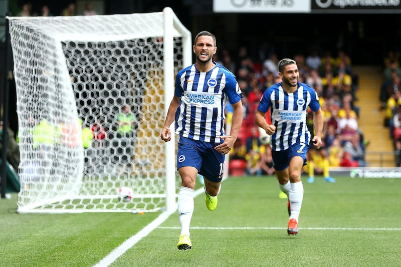 WATFORD, ENGLAND - AUGUST 10: Florin Andone of Brighton and Hove Albion celebrates after scoring his team's second goal during the Premier League match between Watford FC and Brighton & Hove Albion at Vicarage Road on August 10, 2019 in Watford, United Kingdom. (Photo by Jordan Mansfield/Getty Images)