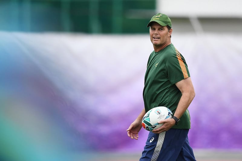 South Africa's head coach Rassie Erasmus takes part in a training session. AFP