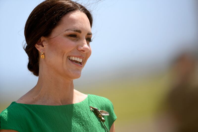 A closer look at the brooch the Duchess of Cambridge wore. Borrowed from the Queen, the piece was a gift from Jamaica to the monarch on the occasion of her golden jubilee in 2002. The hummingbird is Jamaica's national animal. AFP