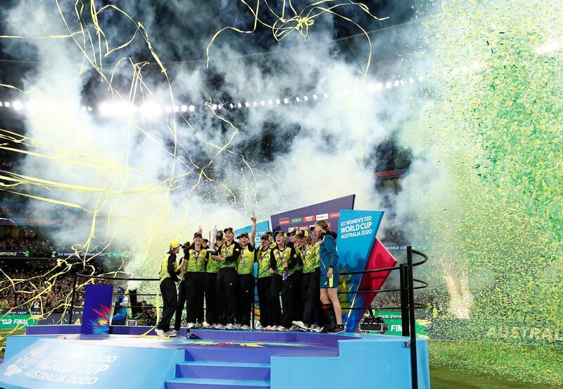 Australia captain Meg Lanning lifts the T20 World Cup trophy after beating India in Melbourne on Sunday, March 8. Getty