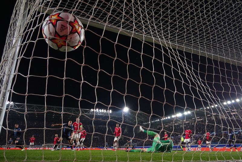 Josip Ilicic's shot hits the back of the net for Atalanta after an error from United goalkeeper David de Gea. Reuters