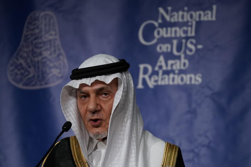 WASHINGTON, DC - OCTOBER 31: Former Saudi Ambassador to the United States Turki Al Faisal Al-Saud speaks during the 27th annual Arab-U.S. Policymakers conference on "What Paths Forward for America In and With the Arab Region," hosted by the National Council on U.S.-Arab Relations, October 31, 2018 in Washington, DC. Ambassador Turki Al Faisal Al-Saud delivered keynote address on "How Best to Proceed in the U.S.-Arab Relationship?"  (Photo by Alex Wong/Getty Images)
