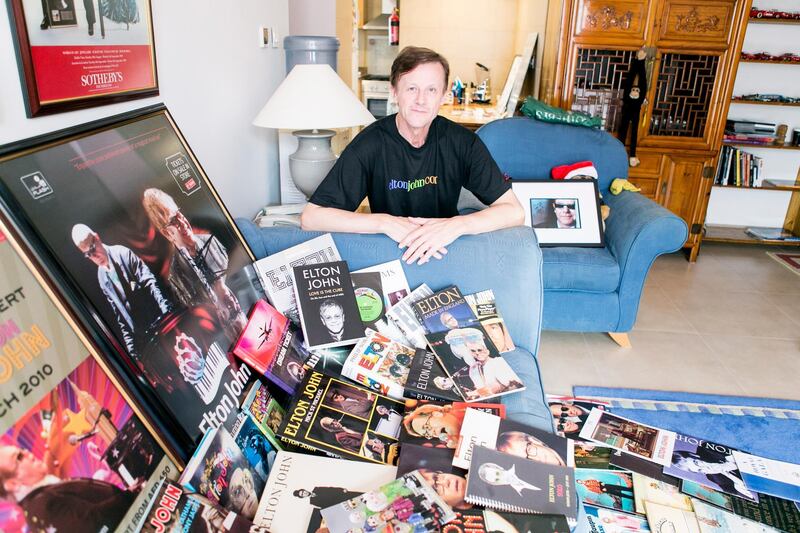 DUBAI, UNITED ARAB EMIRATES, 4 DEC 2016. 
Mark Underwood at his apartment with his Elton John memorabilia.
Photo: Reem Mohammed / The National  (Reporter: JESSICA HILL / Section: AL) ID: 97047 *** Local Caption ***  RM_20161204_ELTON_011.JPG