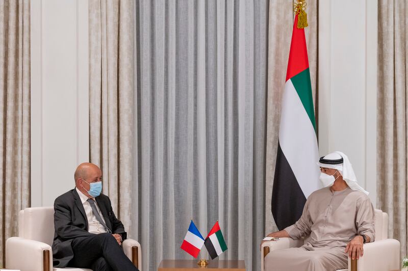Sheikh Mohamed bin Zayed, Crown Prince of Abu Dhabi and Deputy Supreme Commander of the UAE Armed Forces, receives Jean-Yves Le Drian, Minister of Europe and Foreign Affairs of France, at Al Shati Palace. Hamad Al Kaabi / Ministry of Presidential Affairs