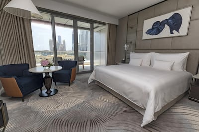 Dubai, United Arab Emirates - July 24, 2018: One of the bedrooms. First look at the re-opened Address Downtown Dubai. Tuesday, July 24th, 2018 at The Address Downtown, Dubai. Chris Whiteoak / The National