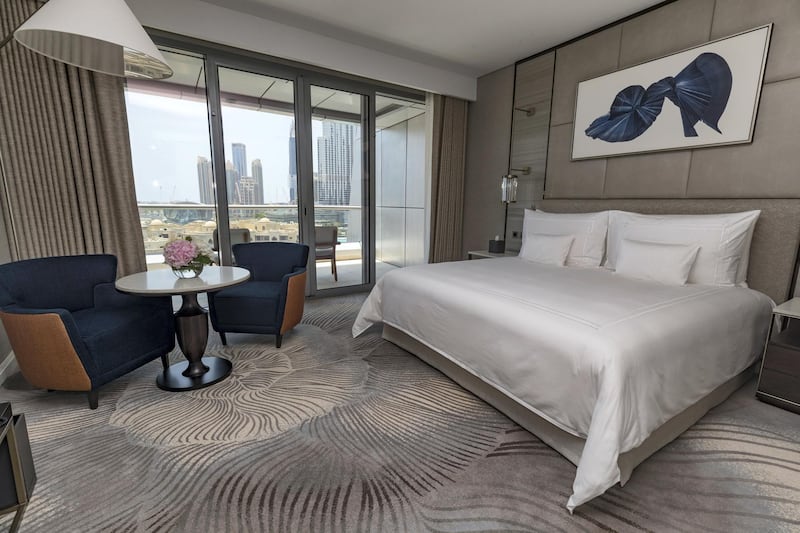 Dubai, United Arab Emirates - July 24, 2018: One of the bedrooms. First look at the re-opened Address Downtown Dubai. Tuesday, July 24th, 2018 at The Address Downtown, Dubai. Chris Whiteoak / The National