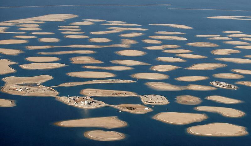 epa06980900 An aerial picture shows the Lebanon Island (R) at the coast of Gulf emirate of Dubai, United Arab Emirates 12 December 2015 (Issued 29 August 2018). Real estate brokers in UAE are seeking to sell the Lebanon Island property for an Indian businessman owner Ravi Raman, the property has been put on sale with a price of 80 million Emirati dirham (about 22 million US dollar). The 20,000 square-foot island is located at Dubai's iconic World Islands development which includes cabanas for VIP visitors with some private chalets, a restaurant with nightclub or place for dancing, two beaches in addition to private beach club, more than 200 swimmers can enjoy at swimmming pool and a small pier for seaplanes and yachts.  EPA/ALI HAIDER