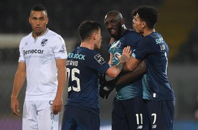 epa08222903 FC Porto's Moussa Marega (3-L) leaves the pitch after racist insults by Vitoria de GuimaraesÂ´s fans during the Portuguese First League soccer match between Vitoria de Guimaraes and FC Porto, held at D. Afonso Henriques stadium in Guimaraes, Portugal, 16 February 2020.  EPA/HUGO DELGADO