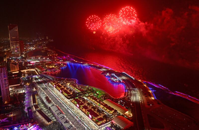 Fireworks during the F1 Grand Prix of Saudi Arabia at the Jeddah Corniche Circuit. There will be regular firework displays during Jeddah Season. Getty