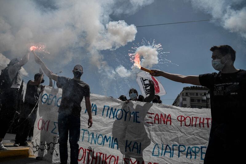 Students protest in Athens, demanding the opening of universities that have been closed for a year owing to the Covid-19 pandemic. Students also protested against the creation of a special police force to fight violence in Greek universities. AFP