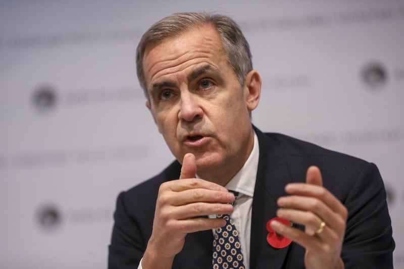 Mark Carney, governor of the Bank of England (BOE), gestures while speaking at the bank's Monetary Policy Report news conference in the City of London, U.K., on Thursday, Nov. 7, 2019. The BOE is growing increasingly concerned about Brexit uncertainty and the global slowdown, pushing two policy makers to unexpectedly vote for an interest rate cut. Photographer: Simon Dawson/Bloomberg