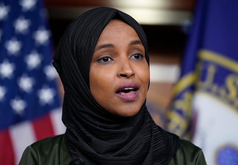 Ms Omar responds to anti-Islamic comments by Representative Lauren Boebert, who likened her to a bomb-carrying terrorist, at the Capitol in Washington. AP