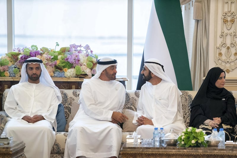 ABU DHABI, UNITED ARAB EMIRATES - April 22, 2019: HH Sheikh Mohamed bin Zayed Al Nahyan, Crown Prince of Abu Dhabi and Deputy Supreme Commander of the UAE Armed Forces (2nd L), meets with HH Sheikh Mohamed bin Rashid Al Maktoum, Vice-President, Prime Minister of the UAE, Ruler of Dubai and Minister of Defence (3rd L), during a Sea Palace barza. Seen with HH Sheikh Mohamed bin Saud bin Saqr Al Qasimi, Crown Prince and Deputy Ruler of Ras Al Khaimah (L) and HE Dr Amal Abdullah Al Qubaisi, Speaker of the Federal National Council (FNC) (R). 

( Mohamed Al Hammadi / Ministry of Presidential Affairs )
---