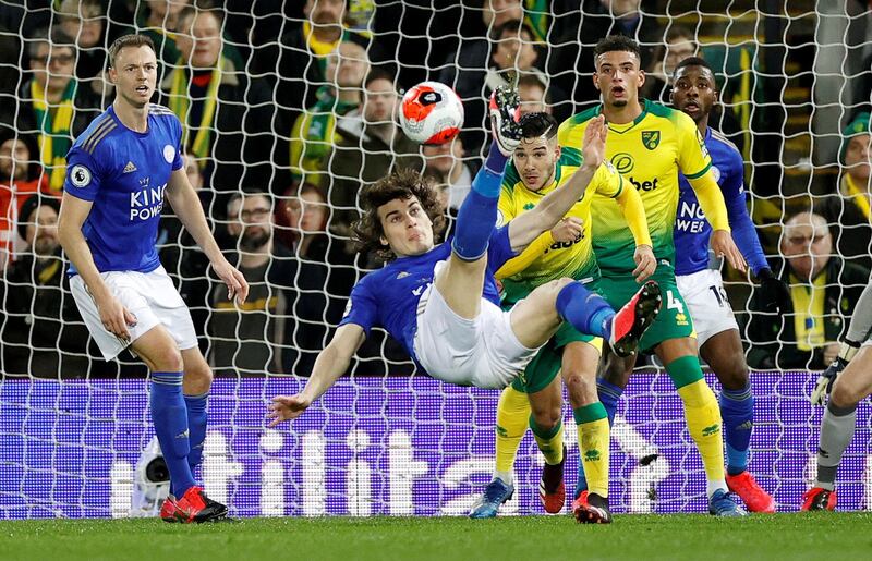 Leicester's Caglar Soyuncu attempts an overhead-kick. Reuters