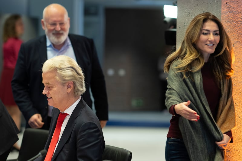Geert Wilders, left, held his first round of talks with party leaders, including green-left figurehead Frans Timmermans and liberal candidate Dilan Yesilgoz-Zegerius, right, in The Hague. AP