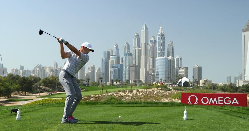 Sergio Garcia of Spain tees off on the eighth hole during the third round of the Omega Dubai Desert Classic. Getty