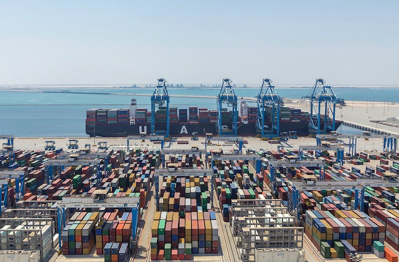 A ship is offloaded at Khalifa Port in Kizad, Abu Dhabi. The emirate's total exports in the six months to the end of June climbed 26 per cent to Dh49.5bn. Photo: Abu Dhabi Ports
