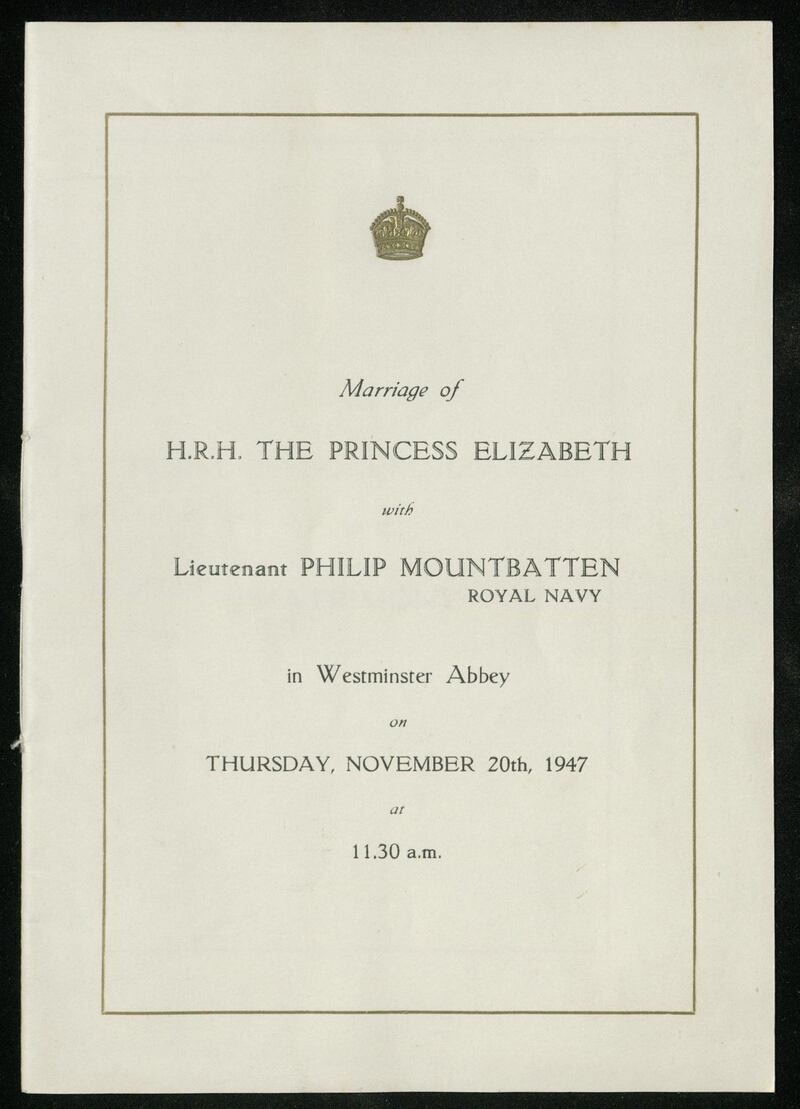 The order of service from the wedding of HRH The Princess Elizabeth and Lieutenant Philip Mountbatten. Courtesy Royal Archives