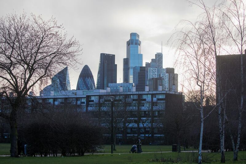 Skyscrapers in the City of London square mile financial district in London, U.K., on Thursday, Feb. 18, 2021. Amsterdam overtook London as Europe's largest share trading center in January after Brexit saw about half of the city's volumes move to the continent. Photographer: Chris Ratcliffe/Bloomberg