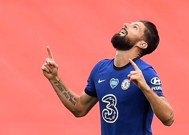 epa08555411 Chelsea's Olivier Giroud celebrates scoring his side's first goal  during the English FA Cup semi final soccer match between Manchester United and Chelsea FC at Wembley Stadium in London, Britain, 19 July 2020.  EPA/Andy Rain/NMC/Pool EDITORIAL USE ONLY. No use with unauthorized audio, video, data, fixture lists, club/league logos or 'live' services. Online in-match use limited to 120 images, no video emulation. No use in betting, games or single club/league/player publications.