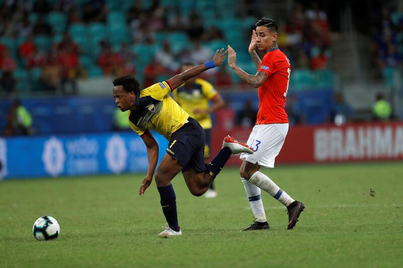 Ecuador winger Romario Ibarra evades Chile's Erick Pulgar during the Copa America match at the Fonte Nova Arena. EPA