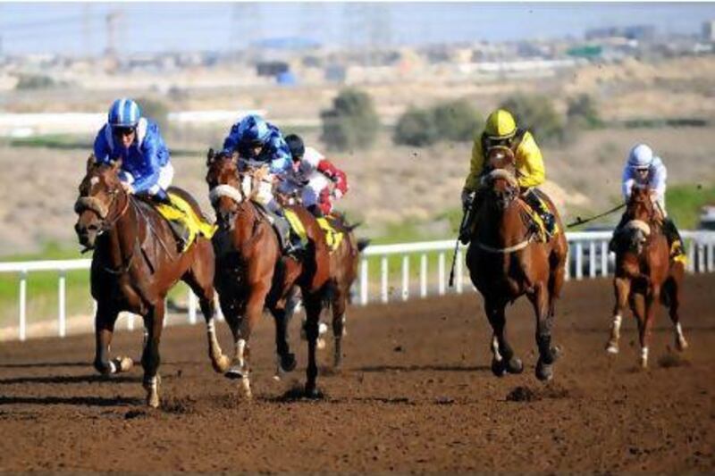 Haatheq, far left, winning the Jebel Ali States race.